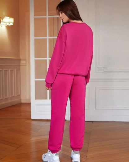 Hot Pink Solid Drop Shoulder Sweatshirt & Sweatpants - Image 3